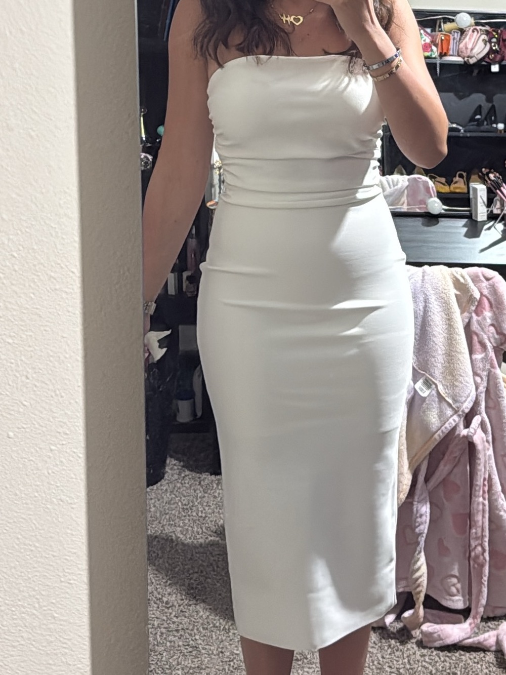 Fashion Nova White Strapless Midi Bodycon Dress